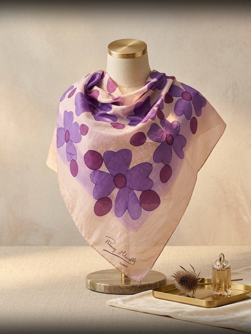 Vintage Renoy D’Urville Hand Painted Floral Silk Scarf
